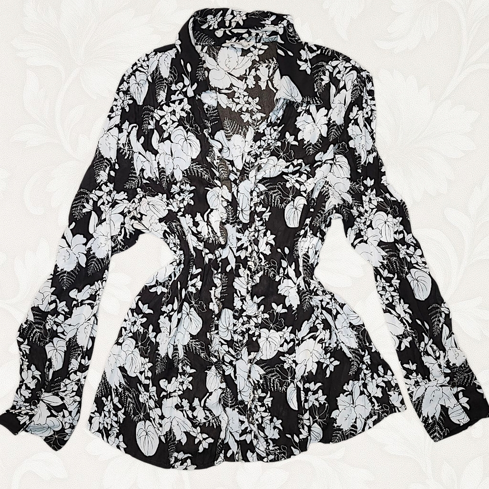 Jessia Y2K Floral Sheer Blouse – Black & White Boho Glam Ruffle Top – Size L/XL